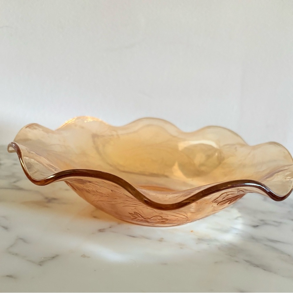 Vintage Jeanette Glass Marigold Louisa Iridescent Carnival Glass Ruffled Bowl